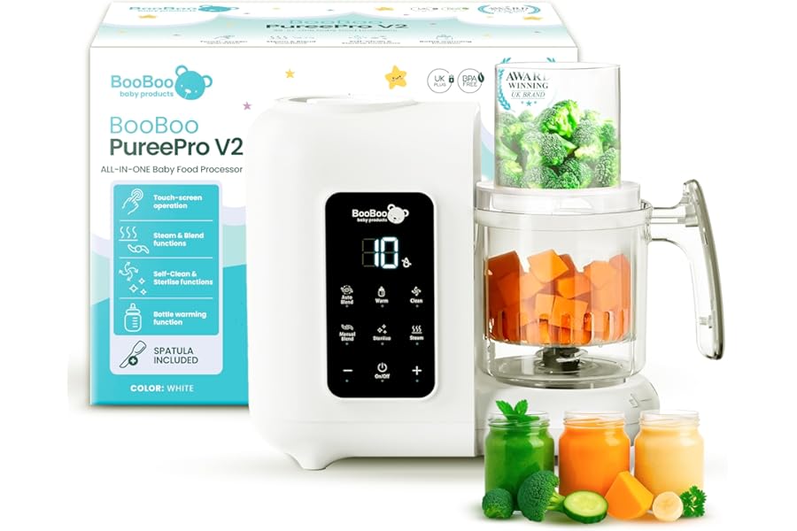 BooBoo PuréePro® 5 in 1 Baby Food Maker, Multifunctional Puree Blender Processor, Auto Cooking & Grinding Chopper, Includes Steamer, Bottle Warmer, Steriliser & Self Cleaning Operation
