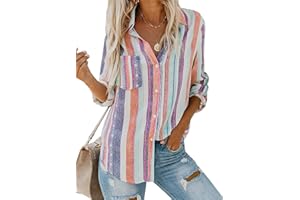 Breampot Womens Summer Blouses Casual Striped V Neck Tunic Tops Long Sleeve Button Down Shirts