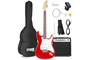 MAX GigKit - kit guitarra electrica de iniciación, amplificador de 40w, funda de transporte, afinador, cuerdas de acero, palanca tremolo, correa, 2 puas, cable de 3m, Rojo
