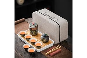 fanquare Czarny przenośny zestaw do herbaty, chiński zestaw do herbaty Gongfu z bambusową tacą do herbaty, porcelanowy czajniczek z 6 filiżankami, torba podróżna