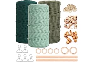 RUMITPAN Macrame Yarn 3 mm x 60 m Set of 3 Macrame for DIY Crafts Macrame Wall Hanging Dream Catcher Hanging Basket Curtain Craft Set Cord Chain with 5 Key Chains 60 Wooden Beads 6 Wooden Rings 2 Round Rod