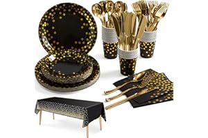 NKAISO 141Stück Schwarzesgold Partygeschirr,Partyzubehör Pappteller Set,Wiederverwendbar ​Papier Geschirr Set einschließlich Tischdecke Teller Becher Servietten zum Geburtstag,Hochzeiten,Jubiläums(20 Gäste)