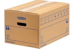 8 BANKERS BOX Large Strong Moving Boxes, 39L C-Flute SmoothMove Cardboard Storage Packing Boxes, Heavy Duty Cardboard Boxes for Moving House with Handles, 47cm x 32cm x 26cm (Pack of 8), Brown