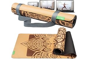 BACKLAxx ® Tapis de yoga liège avec caoutchouc naturel – Tapis yoga non toxique durable et antidérapant avec zones antidérapantes – Sangle de tapis et vidéos d'application inclu – Yoga mat