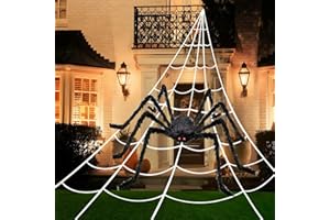 PUHPIG 200" Halloween Spider Web + 59" Giant Spider Decorations, Triangular Huge Spiders Web and Hairy Scary Fake Spider, for Indoor Outdoor Porch Yard, Scary Haunted House Party, and Halloween Décor