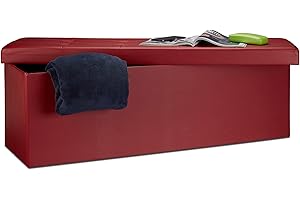 Relaxdays Folding Storage Ottoman XL, 38 x 114 x 38 cm Sturdy Seat with Bench, Faux Leather, with Removable Lid, Dark Red