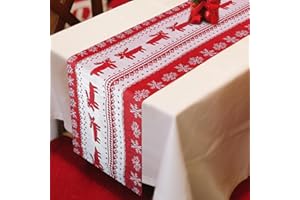 Starvortex Świąteczny bieżnik na stół, 35 x 180 cm, bieżnik na stół bożonarodzeniowy, czerwony świąteczny bieżnik ze wzorem płatków śniegu i reniferów, na obrus do wnętrz na święta, dekoracje