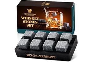ROYAL RESERVE Prezenty do whisky dla mężczyzn – zestaw kamieni do whisky wielokrotnego użytku w czarnej drewnianej tacy – kostki lodu burbon, kamienie chłodzące, prezenty na emeryturę dla mężczyzn, męża,