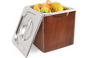 BIROYAL Kosz na odpady ekologiczne, ze stali nierdzewnej i drewna sapele, wiadro z pokrywką, kosz na odpady z recyklingu, pojemnik wewnętrzny nadaje się do mycia w zmywarce, pojemnik na odpady organiczne do kuchni