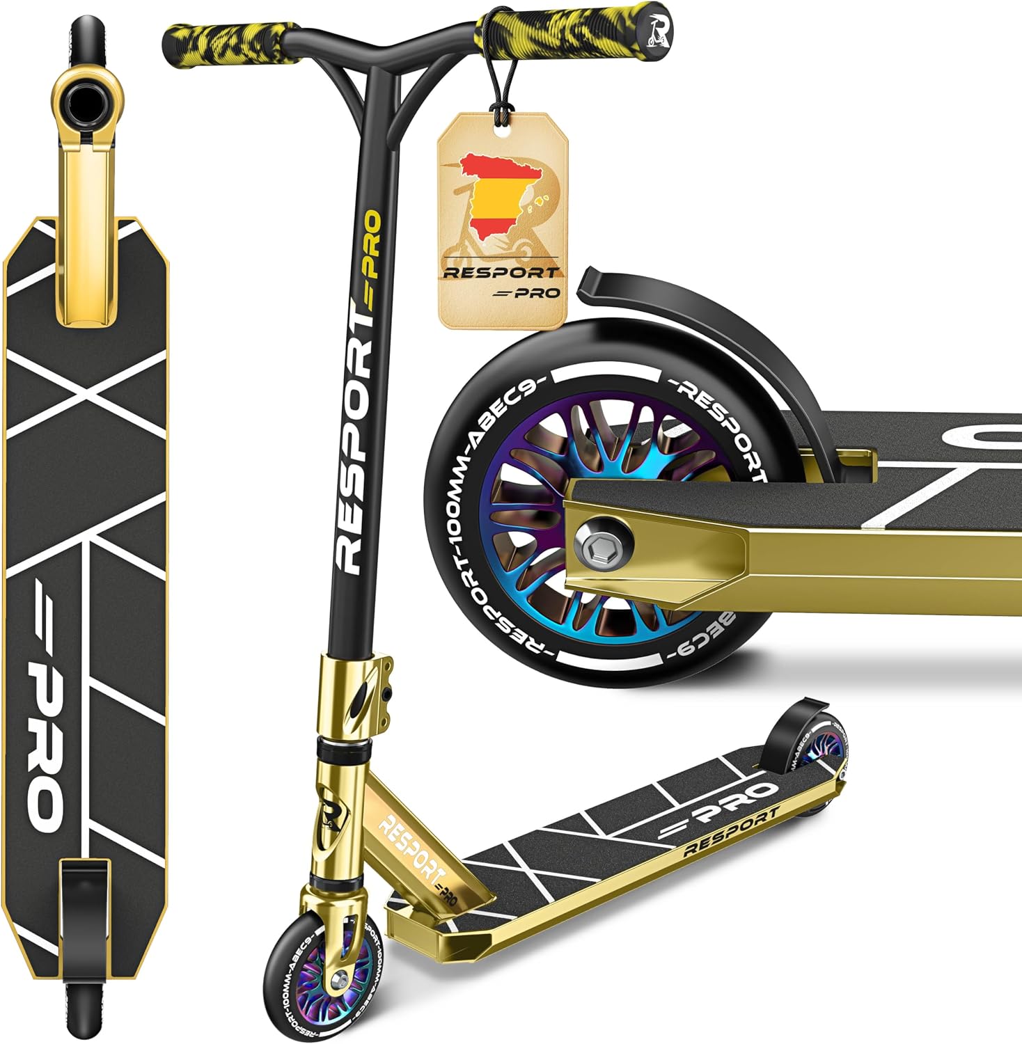 RE:SPORT Patinete de acrobacias Revo Pro para niños y adultos con soporte, patinete profesional de 110 mm, ruedas de poliuretano y barra en Y, patinete de acrobacias, patinete ABEC 9, rodamientos de