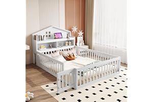 ‎DOLAMANÍ Dolamaní Kinderbett 140x200 cm mit Rausfallschutz, Bodenbett Kinder Holz mit tür, Einlegeböden & Stauraum & Lattenrost (Weiß C)