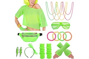 AOTTOM Women's 80s 90s Outfit, Mesh Shirt, 18-Piece Costume Accessory Set, Accessories, Retro, Belt Bag, Mesh Gloves, Headband, Leg Warmers, Necklace, Bracelet, Earrings, Glasses, for Carnival Party