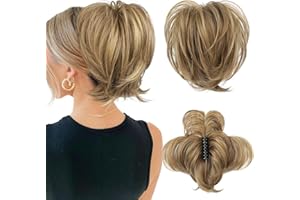 REECHO Messy Bun Hair Piece, Claw Clip Hair Bun Short Ponytail Extension with Bendable Metal Wire Fake Bun Hair Pieces for Women - Light Brown with Highlights