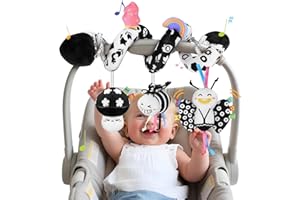 Zendstanding Spiral Car Seat Toys for Babies, 0-6 Months Stroller Pram Activity Hanging Toys High Contrast Black and White Sensory Toy, Newborn Soft Plush Travel Toy for Boys Girls