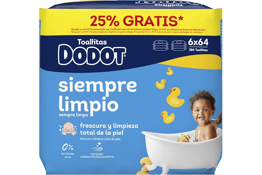 Dodot Toallitas Bebé Seco para Bebé, 384 toallitas, recupera el pH de la piel del bebé (6 Paquetes de 64)