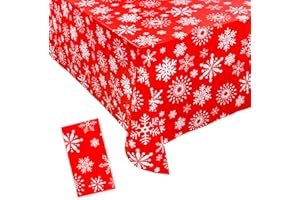 JOFONY Obrus bożonarodzeniowy, płatek śniegu, czerwony, tworzywo sztuczne, obrus bożonarodzeniowy, prostokątny, na Boże Narodzenie, do jadalni, na piknik, do użytku wewnątrz i na zewnątrz, 137 x 274
