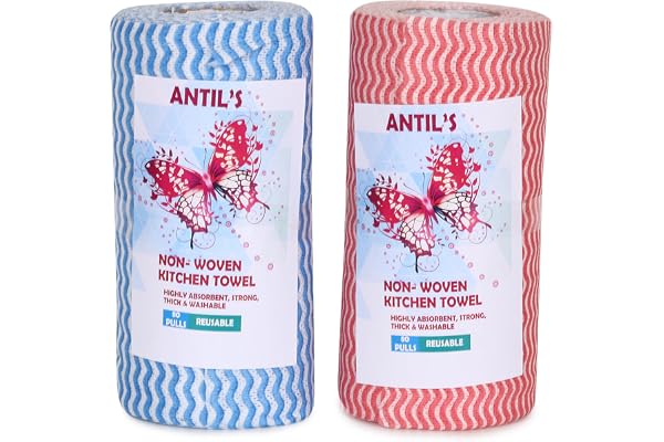 ANTIL'S Reusable Kitchen Tissue Roll - 2 Pack (80 Pulls Each), 75 GSM Super Absorbent, Multipurpose Non-Woven Cloth Towel for Cleaning, Dish & Kitchen Use, Washable & Eco-Friendly