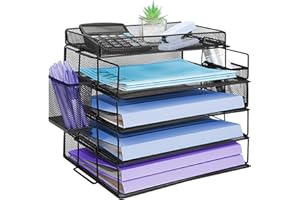 TSDRBWO 5 Niveles a4 Organizador Escritorio Papeles, Bandejas Oficina Apilables en Malla Metalicas con Bandeja Organizador de Archivos Con Portalapices Escritorio, Bandeja Escritorio para Oficina