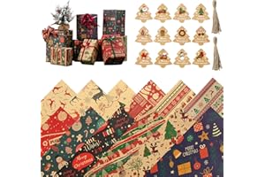 LYNBLY Carta da Regalo Natalizia Set, tra cui 12 Fogli Kraft Carta Natale Vintage 50 x 70 cm, 12 Etichetta Regalo e 2x10m Spago, Carte Regali Natale Riciclata, per Confezione regalo di Natale