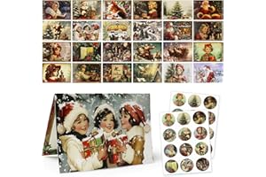 FFTANXS Tarjeta de Navidad,Conjunto de 24 Plegable Tarjetas + 24 Sobres papel + 24 Pegatinas Tarjetas de DIY notas felicitación de Navideñas postales con diferentes patrones