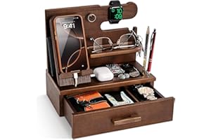 TESLYAR Drewniana stacja dokująca do telefonu z szufladą, organizer na stolik nocny, organizer na biurko dla męża, prezenty urodzinowe dla mężczyzn, taty, pomysł na rocznicę, stojak na klucze, zegarek
