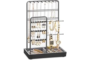 SONGMICS stojak na biżuterię, stojak na biżuterię, organizer biżuterii, wyświetlacz akcesoriów, metal, aksamitna taca, na naszyjniki, bransoletki, kolczyki, pierścionki