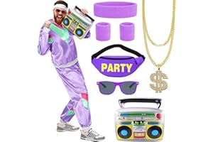 CEFUNIS 80s 90s Shell Suit Costume Set for Women Men, 1980s Fancy Dress Costume Fashion Retro Tracksuit 80s Outfit Set with Headband Wristband Necklace Hip Hop Rapper Dress Up for Carnival Party