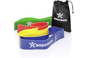 BODYMATE set of 4 Fitness Loop Bands in a carry case - 4 levels of Resistance - 60cm X 5cm - Made from Natural Latex - For Cross Fit, Core and Functional Training, Pilates, Yoga, Physiotherapy