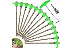 OFFOF 12 Pack Heavy Duty Metal Tent Pegs – Rotating Rock Pegs with Thread, Ground Anchors for Camping, Includes Drill Adapter & Nail Puller, Durable Steel Stakes for Garden, Canopies & Outdoor(green)