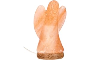 HIMALAYA SALT DREAMS Beleuchteter Salzkristall Engel groß mit Holzsockel, Kristallsalz aus Punjab/Pakistan, Orange, ca. 19 cm