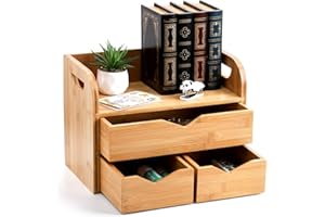 Hacaroa 3 Tier Bamboo Desktop Organizer with 3 Drawers, Mini Tabletop Craft Box Cosmetic Storage Drawer with Handle, Portable Desk Letter Mail Sorter for Office Supply, Toiletries