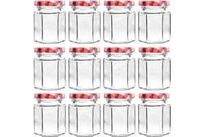 Yishik 4oz Jam Jars with Red Gingham Lids,12 Pack Hexagon Jars Glass Canning Jars for Sauce,Small Glass Jars for Jam,Spice,Honey,Baby Foods,Party Favors or Art Crafts