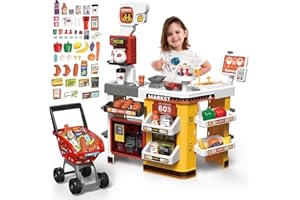 deAO Supermarket Playset for Kids,66 PCS Grocery Store Playset Pretend Play with Kids Shopping Cart,Cash Register,Play Food Accessories,Christmas Birthday Gift (Red)