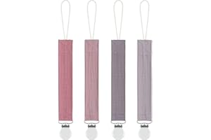 MOODY BABY MoodyBaby® Soft Organic Muslin Cotton Frabric Dummy Clips - Handmade Cotton Pacifier Clip Chain for Babies Newborns Girls Boys - Strong Mam Soother Neutral Unisex Shower Gift - 4 Pack (Pink Purple)