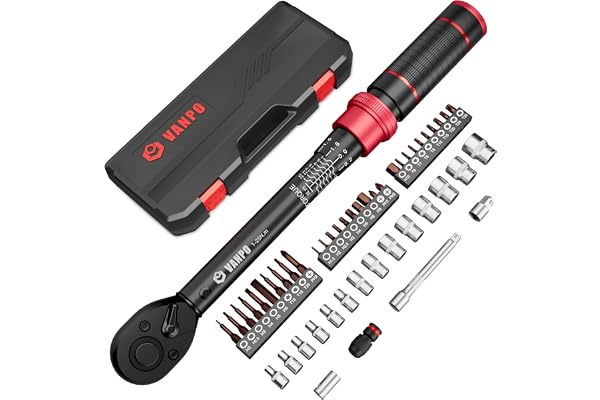 VANPO Clé Dynamométrique 1/4'', 1-25Nm Torque Wrench Vélo | Précision ±3%, Petit 49 Pièces Kit D'entretien avec Douilles Allen, Barre D'extension 75mm, 2 Adaptateur, Bits Adaptateur