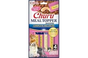 Churu Meal Toppers by INABA Cat Treat - Tuna with Salmon Recipe (4 x 14g) / Soft & Creamy, Delicious & Healthy Purée Food Topper, Natural, Grain Free, Wet Cat Food