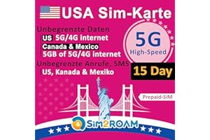 SIM2ROAM USA KANADA MEXIKO Prepaid SIM Karte 15 Tage(T-Mobile Netzwerk verwenden)|Unbegrenzte 5G/4G-Internetdaten in den USA (Hawaii inbegriffen)+Anrufe in Kanada und Mexiko|5 GB Daten in CA und MX|Nachfüllbar