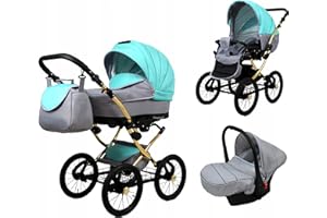BabyLux® Bambimo Kinderwagen Set 3 in 1 - Margaret Gold - incl. Babywanne, Buggy Sportsitz, Auto-Babyschale - Autositz - Kinderwagenset - Kombikinderwagen mit Wickeltasche, Regenschutz usw.