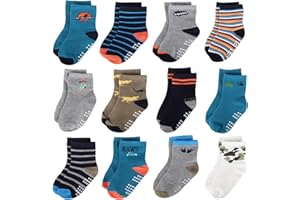 Yafane 12 Pares de Calcetines Antideslizantes para Niños Niñas Recien Nacido Unisex Pequeños Algodón Lindo con Puños Calcetines Antideslizantes para Bebés