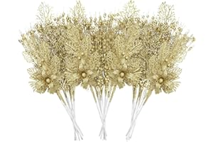 UXORSN 28 Piezas Adornos para árbol de Navidad Dorado Purpurina Tallos de Bayas Flores Artificiales Ramas de Navidad Decoracion para Árbol De Navidad Ramitas para Navidad Jarrón Bodas Fiestas
