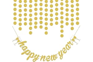 ‎HOWAF HOWAF Silvester Deko Set 2025, Gold Silvester Girlande Happy New Year Banner und Glitzer Kreis Punkte Girlande Hängend Dekorationen Neujahrsdeko 2025 Silvester Party Deko Accessories