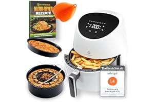 ‎NUTRILOVERS NUTRI-FRYER Heissluftfritteuse XXL DEUTSCHE MARKE Heißluft-Fritteuse XXL Set 2000W TESTSIEGER Airfryer 5L Groß | Pommes Fritteuse ohne Fett & Öl | Pizzablech + Barrel + Rezeptbuch
