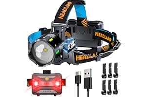 XILUO 210000 Lux 12 Modalità Torcia Frontale Rosso Avviso e Sensore, 95H Standy 125° Lampada Frontale Regolabile e Fuoco Regolabile, Torcia Frontale Led Ricaricabile Impermeabile IP65 per Pesca Trekking