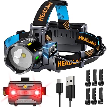 Torcia Frontale LED Ricaricabile, 3 LED, Nero, Per Sport, Pesca, Campeggio, Laccio Regolabile