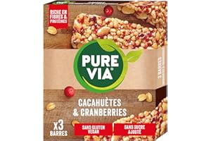 Pure Via Barres de Céréales Cacahuètes & Cranberries – Riches en Fibres et Protéines - Sans Gluten et sans sucre Ajouté | 3 X 35g