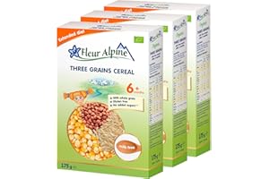 Organiczna kaszka trójziarnista bez nabiału FLEUR ALPINE Zestaw 3, Kleik dla niemowlaka z bifidokulturami, łatwa w przygotowaniu kaszka bezglutenowa bez dodatku cukru, Dla dzieci od 6 mies., 3x7 porc