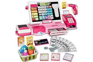 HYES Toy Till Cash Register with Scanner for Kids, Shopping Till Pretend Play, Real Calculator, Scanner, Credit Card, Play Money, Conveyor, Food Toys, Learning Toys Gifts for Toddler - Pink