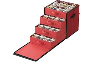 SONGMICS Caja de Almacenamiento para Decoraciones Navideñas, Apertura Lateral, Contenedor Apilable con Tapa, 4 Bandejas Extraíbles, Oxford 600D, 64 Compartimentos de 7,6 cm, Rojo Cereza RFB037R01