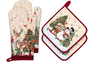 ‎ARQUIEL Arquiel Ofenhandschuh und Topflappen Weihnachten Waldtiere 4er Set, 100% Baumwolle Kochhandschuhe, Hitzebeständiger Küchenhandschuh zum Kochen, Weihnachten Küche Dekor Geschenke für Frauen