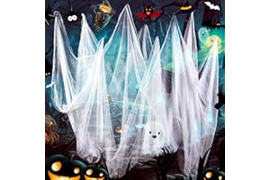 Wzone Tissu Blanc Effrayant d'halloween 215 x 500 cm, Gaze de Couverture Noire pour Décoration Gothique, Super Grand Tissu Effrayant pour Décorations de Couverture de Fête à la Maison Hantée